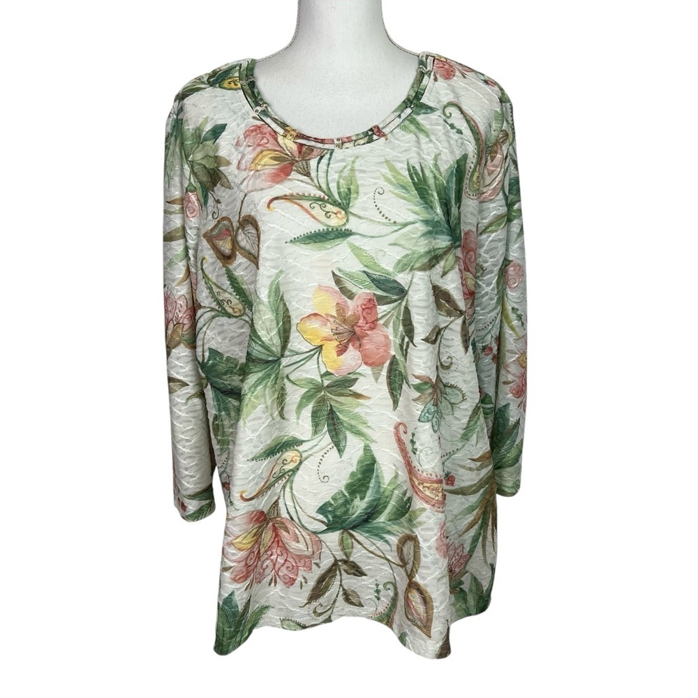 Alfred Dunner Women’s Pullover Top Sz 2X Multi Color Floral 3/4 Sleeves Studding